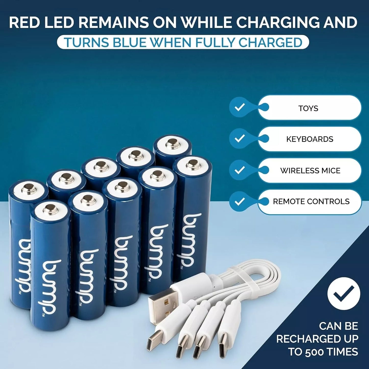 BUMP AA USB-C NiMH Rechargeable Batteries 1.2V 450mAh Type C Cable - 10 Pack
