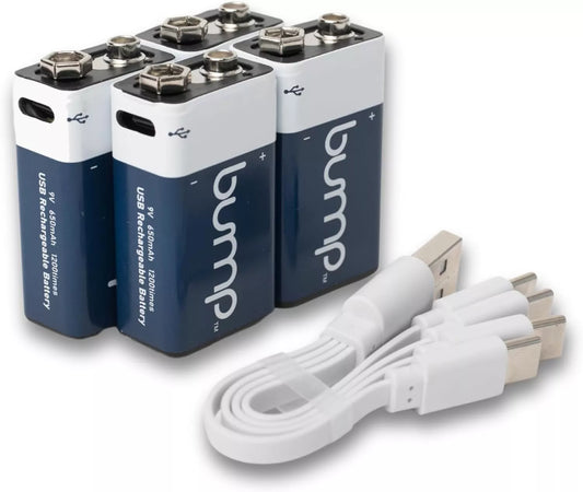 BUMP Lithium Ion Rechargeable Batteries 9 Volt 650mAh USB-C Type Cable - 4 Pack