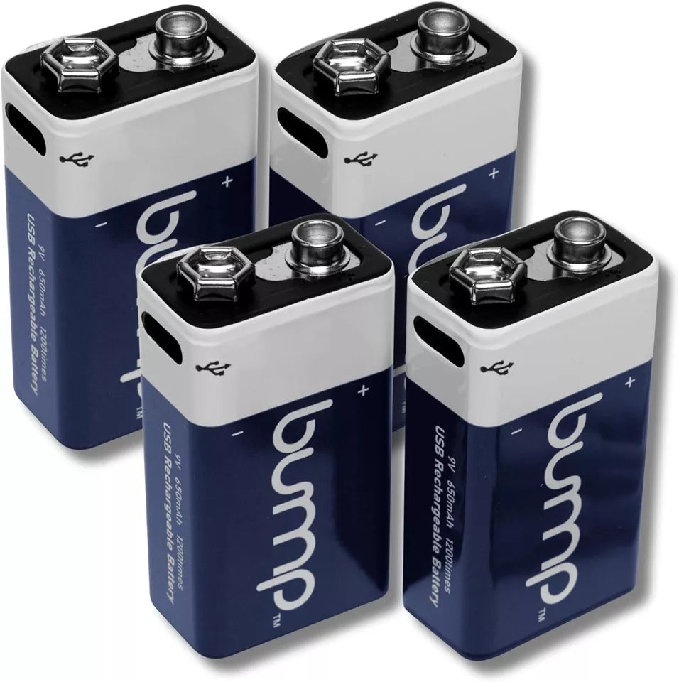 BUMP Lithium Ion Rechargeable Batteries 9 Volt 650mAh USB-C Type Cable - 4 Pack