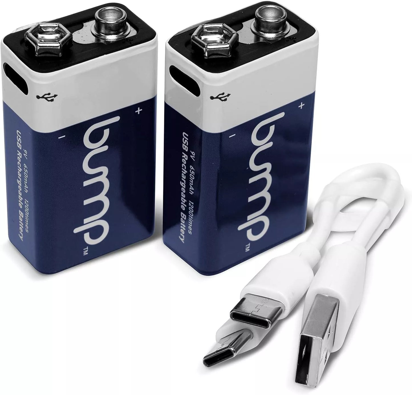 BUMP Lithium Ion Rechargeable Batteries 9 Volt  650mAh USB-C Type Cable Bump - 2 Pack