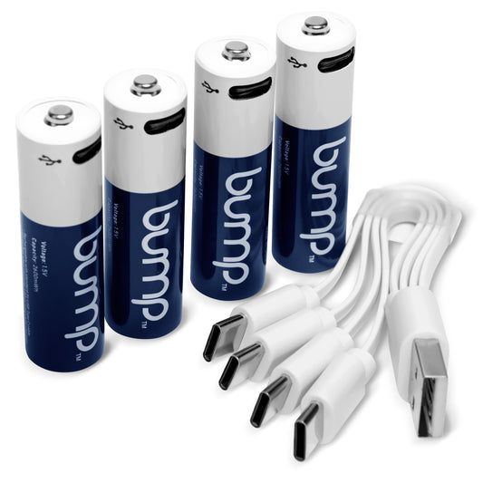 BUMP AA Lithium ion Rechargeable USB Batteries 1.5V 2600mWh Type C Cable - 4 Pack