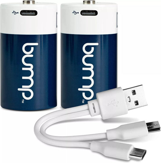 BUMP Lithium Ion Rechargeable Batteries D 1.5V 12000mWh USB-C Type Cable - 2 Pack