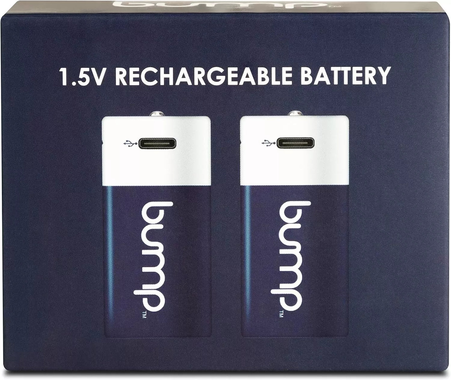 BUMP Lithium Ion Rechargeable Batteries D 1.5V 12000mWh USB-C Type Cable - 2 Pack