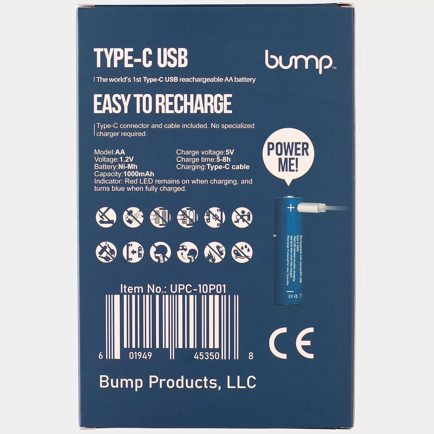 BUMP AA USB-C NiMH Rechargeable Batteries 1.2V 450mAh Type C Cable - 10 Pack